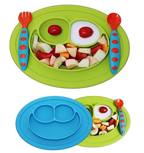 Baby Silicone Suction Placemat + Plates - Food Feeding Divided Mat for Kids and Toddlers Fits Most Highchair Trays - Easily Wipe Clean - Dishwasher and Microwave Safe (Blue+Green)