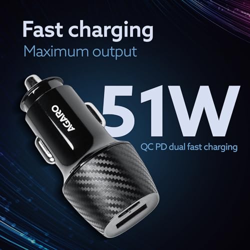 Image of AGARO Pulse Car Charger, Dual Port with 51W Fast Car Charger with Dual Output (33W Pd Type C Port + 18W USB A Port), Fast Charging, for Smartphones, iPhones, Tablets, Earbuds & More - Black