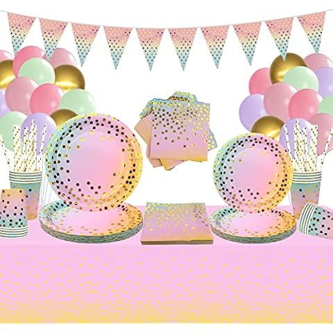 Rainbow Colors Party Tableware - Pastel Party Decoration Tableware Includes Banner, Plates, Cups, Napkins, Straws, Tablecloth, for Wedding Shower Engagement Birthday (25 Guests) Cover