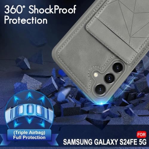 Image of amazon basics Premium Vegan Leather Back Cover with Card Holder and Integrated Mobile Stand for Samsung Galaxy S24FE 5G - Slim Shockproof Wallet Case with Geometric Stitching [Gray]