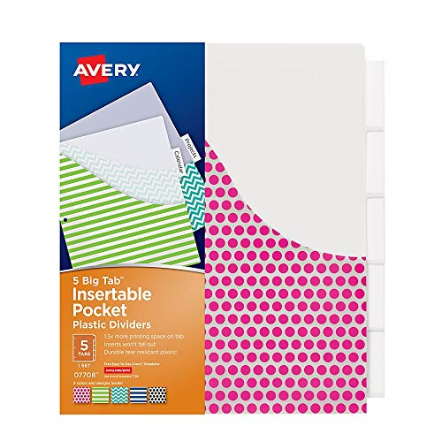 Avery 5-Tab Plastic Binder Dividers with Pockets, Insertable Clear Big Tabs, Assorted Designs, 1 Set (07708)