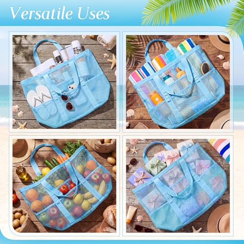 Image of Hillban Large Beach Mesh Bags Bulk for Women Beach Tote Bag with 8 Pocket Zipper Waterproof Sandproof for Pool Cruise Ship