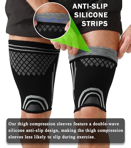 Image of 1 Pair Thigh Compression Sleeve for Men and Women, Upper Leg Sleeves, Anti Slip Hamstring Compression Sleeve for Pulled Muscle Relief, Running, Workout, Sports Recovery (Black and White, Large)