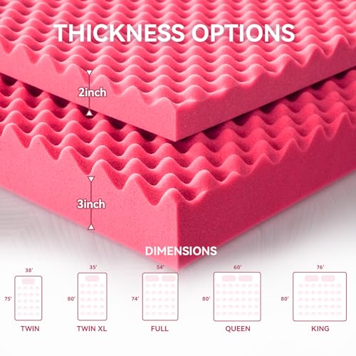 SINWEEK 2 Inch Egg Crate Memory Foam Mattress Topper Twin Size, Soft Mattress Pad for Back Pain Relief, Bed Topper, CertiPUR-US Certified, Pink