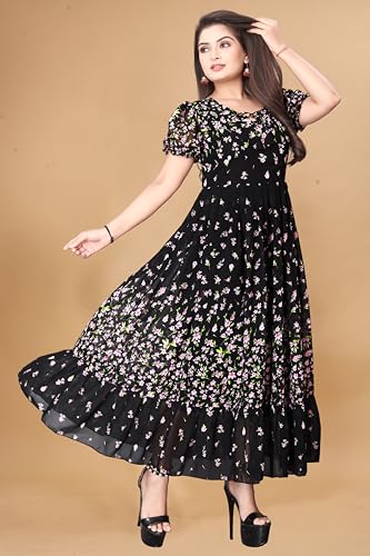 Image of Women's Maxi Dress, Floral Print, Short Sleeve, A-Line Fit and Flare Style