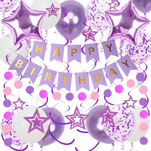 Purple Birthday Decorations, Happy Birthday Banner and Purple Star Balloons, Glitter Hanging Stars with Hanging Swirls, Circle Dot Paper Garland, for Women Girls Birthday Party Decoration