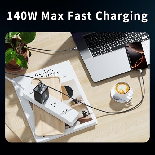 Image of 2 Pack 200W Compact USB C Charger Block Charging Station Fast Chager 3 Port Up to 140W Single‑Port Charging,for MacBook Pro,Laptop,iPhone 17 /16 /15 Series Samsung S26(Included 4 Pack 240W 7FT Cable)