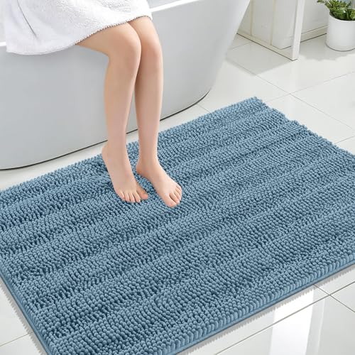 Image of OLANLY Thick Large Bathroom Rugs 44x32, Extra Soft Absorbent Chenille Striped Bath Rugs, Rubber Backing, Machine Wash, Bath Mats for Bathroom Floor, Tub and Shower, Home Decor Accessories, Airy Blue