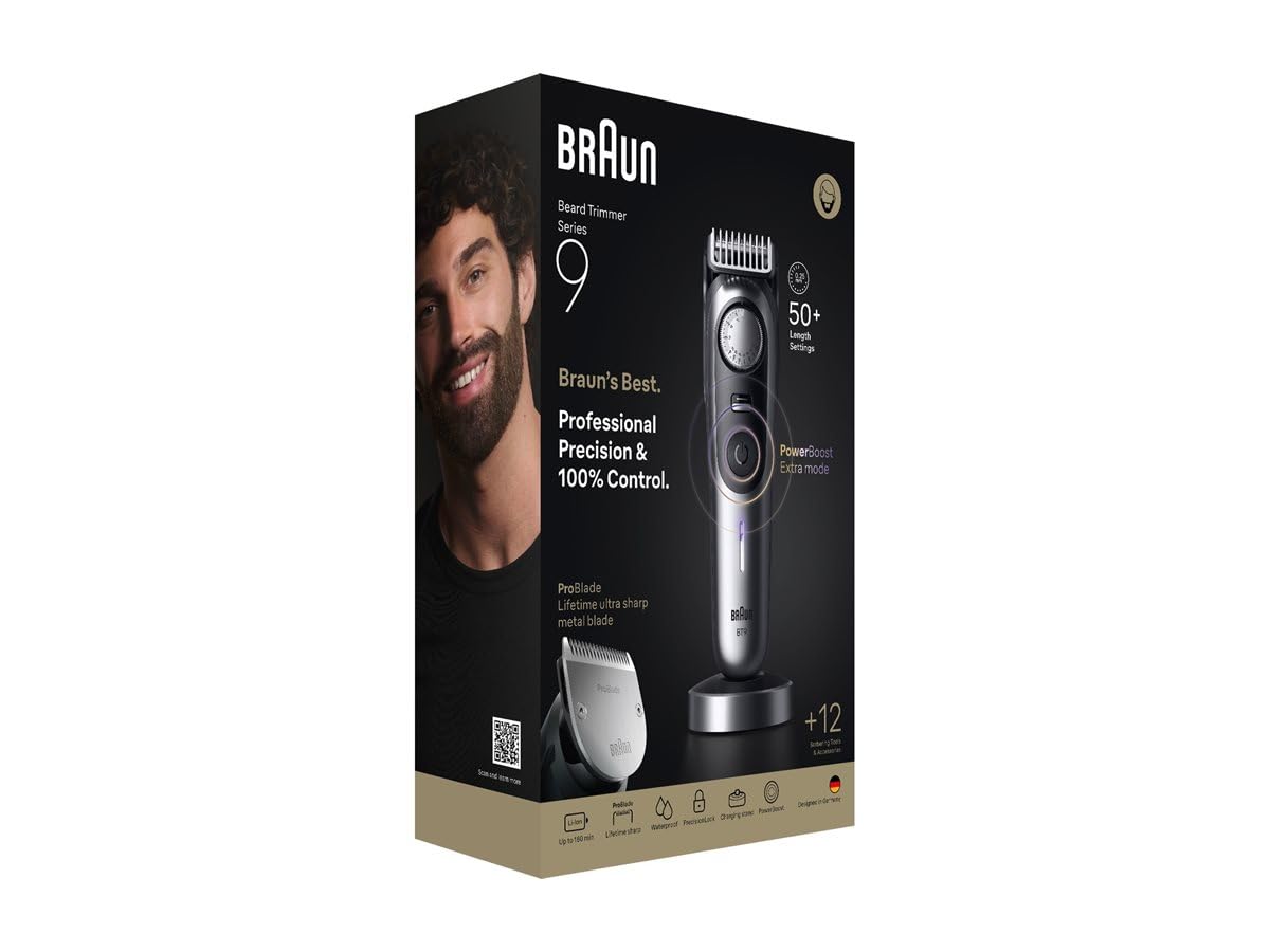 Braun Recortadora de barba de la serie 9, 12 herramientas de barbero, modo Power Boost y ProBlade fiable, 180 minutos, efecto de sombreado, perilla de ajuste PrecisionWheel y bloqueo, BT9560, cromo