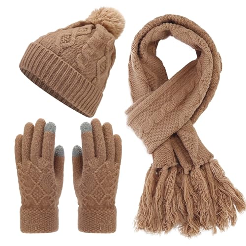 Bonnet echarpe gants femme rouge ensemble d'hiver tricoté