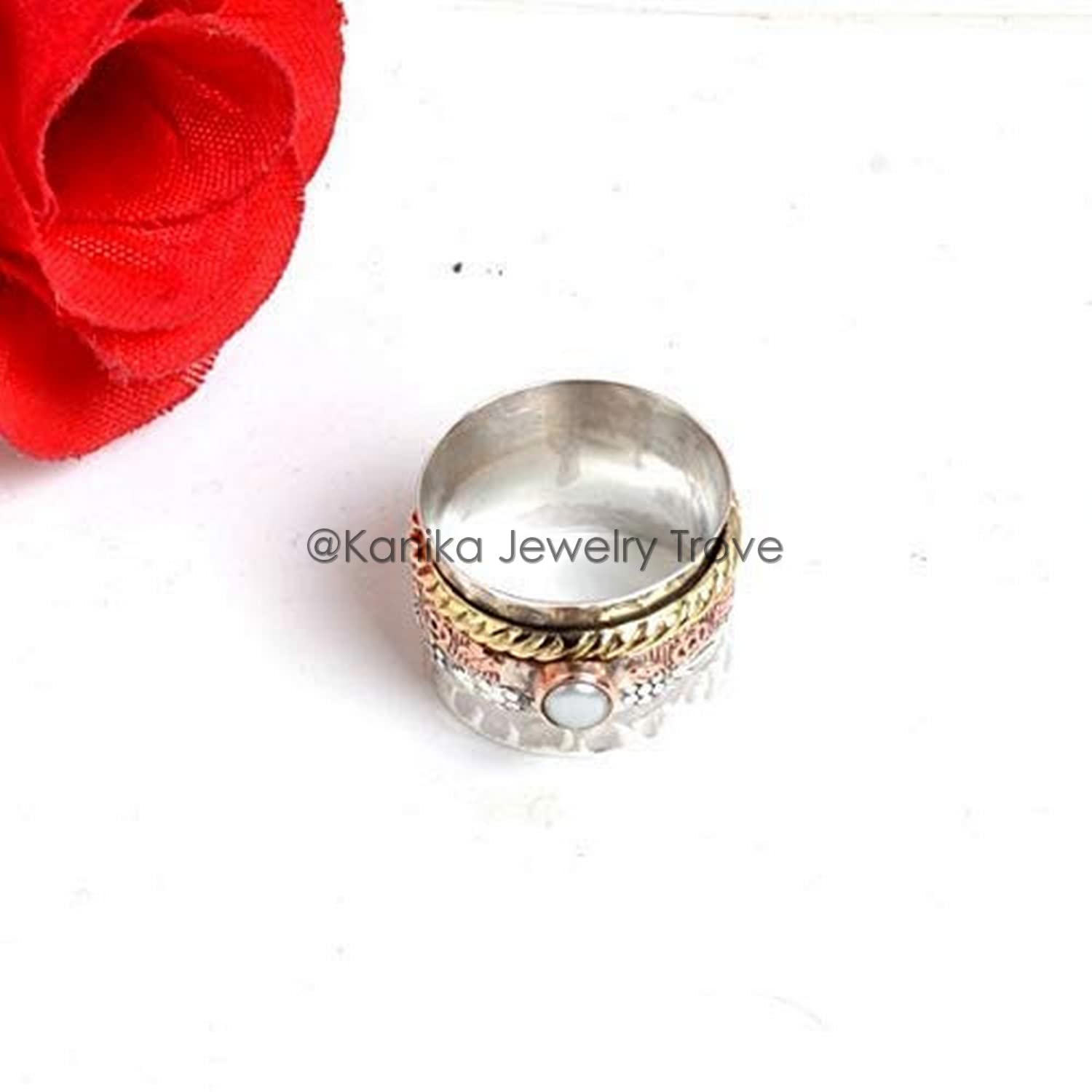 Spinner-Ring mit gehämmerter Blumenstruktur für Damen und Herren, Spinner-Band-Ring mit Süßwasser-Zuchtperlen, 925er Sterlingsilber, Spinner-Ring für Damen (Perle, Größe 7)