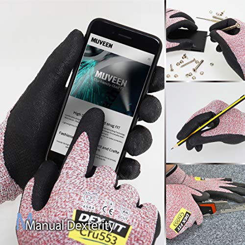 Dex Fit Level 5 Cut Resistant Gloves Cru553, 3D-Comfort Fit, Firm Grip, Thin & Lightweight, Touch-Screen Compatible, Durable, Breathable & Cool, Machine Washable; Red Xs (6) 1 Pair #TOP4