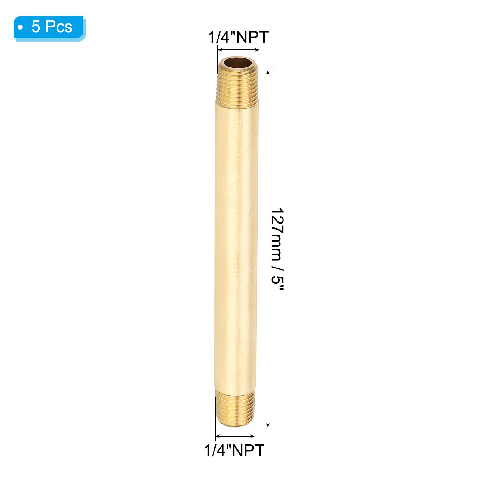 PATIKIL 5Pcs 1/4" x 1/4" NPT Mâle Raccord De Tube En Laiton 1200PSI | Long Nipple, 5" Long Raccord De Tube Droit Connecteur Extendeur, Pour Systèmes De Carburant Air Eau Huile Gaz