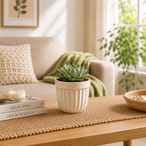 Image of ecofynd 3.5 Inch Ceramic Plant Pots with Drainage Hole, Modern Decorative Clay Flower Pots for Indoor Plants, Decorative Tabletop Planters for Home, Office, Living Room, Bedroom & Shelf (CPOT046-WHT)