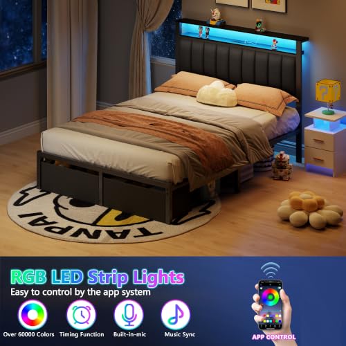 Image of Furnulem Full Size Bed Frame with Storage Drawers and Upholstered Headboard