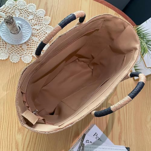 Image of Eiyye Large Woven Tote Bag for Women Straw Tote Bag Woven Stripe Handbag Travel Vacation Purse for Shopping Picnic Work
