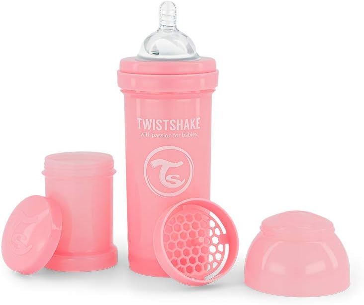TwistshakeAnti-Colic Baby Bottle with Milk Powder Container and Mixer - 260ml | Medium Flow Silicone Breast-Like Nipple | BPA- Free Baby Milk Bottle | Suitable for 2+ Month Babies | Pink