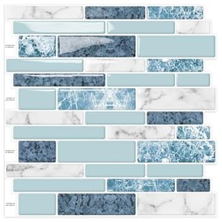 DEWOO 3D Peel and Stick on Wall Tiles Self Adhesive Sticky Splashback Strip for Kitchen,Blue 10-Sheet (12"x 12")