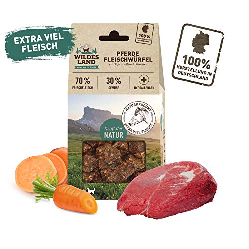 Wildes Land - Fleischwürfel Pferd - 100 g - Kausnack für Hunde - 70% Frischfleisch - 30% Gemüse & Beeren - Natürlich belohnen - getreidefrei - Hohe Akzeptanz - Frisches, schonend getrocknetes Fleisch