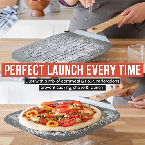 Image of Chef Pomodoro Aluminum Perforated Pizza Peel 16 Inch with Foldable Handle | Perforated Pizza Peel 16 inch, Pizza Steel Perforated Design Prevents Sticking, Foldable Stainless Steel Pizza Peel Handle