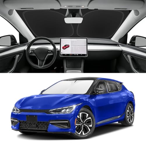 Image of Custom Fit Windshield Sun Shade for Kia EV6 2022-2025 | Blocks UV Rays and Sun Heat, Helps Reduce Interior Temperature, Protects Dashboard from Fading, Folds Easily for Storage