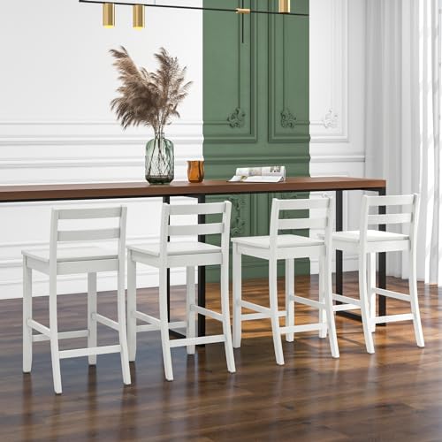 Conjunto de 4 butacos altos de madera COSTWAY de 24 pulgadas con respaldo bajo | Sillas altas estilo granja con patas de madera de caucho sólida y reposapiés para comedor, isla de cocina, pub y cafetería (blanco) miniatura 5