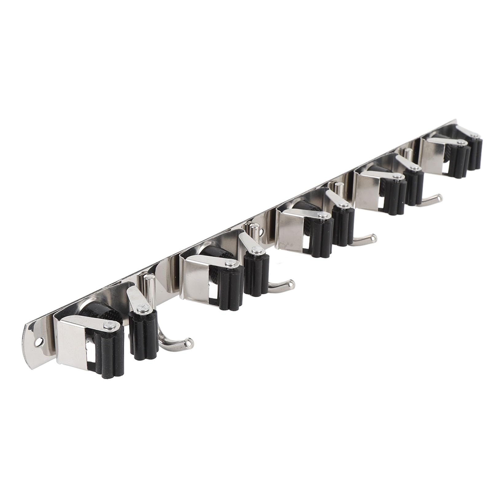 Soporte para Escoba y Fregona, Montaje en Pared, Organizador de Acero Inoxidable Resistente, 5 Ranuras, 4 Ganchos, Garaje, Lavandería, Armario, Almacenamiento, Ahorro de Espacio,