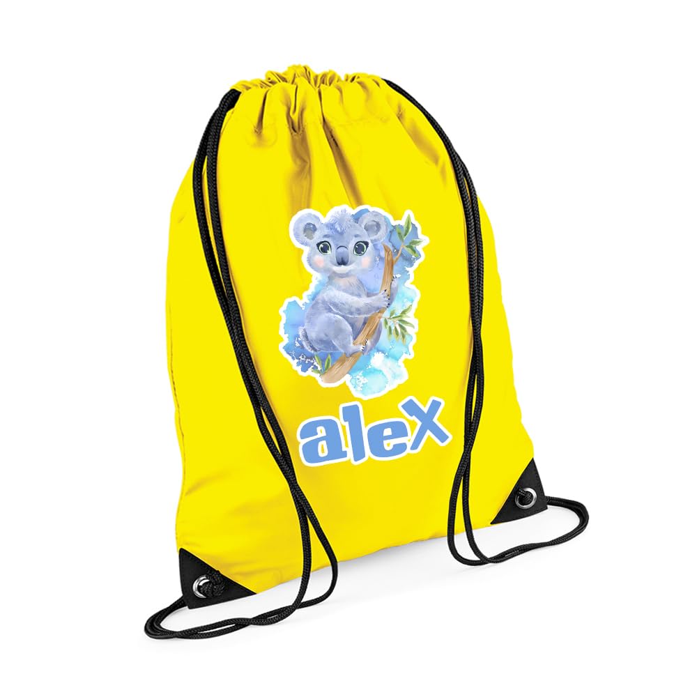 Getagift Personalized Cute Watercolour Koala Drawstring Bag for Kids, Back to School, Waterproof Sports Backpack, PE Kit Bag, Gym and Swimming Bag, Sport Rucksack. (Yellow)