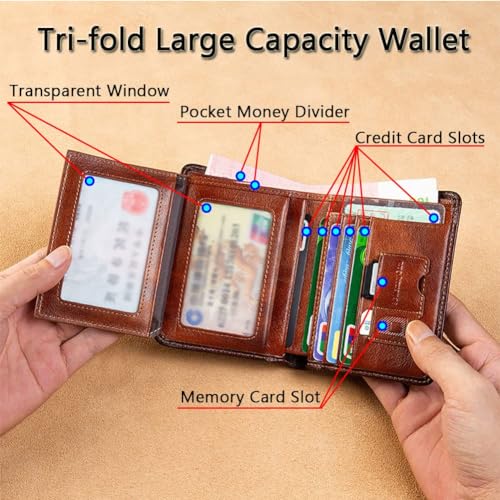 Unique Men's Genuine Leather Wallets with RFID Blocking, High Capacity Trifold Slim Vintage Short Wallet, Freemasons Masonic Symbol Card Holder Purse Luxury Male Gift Wallet,Brown,Style283