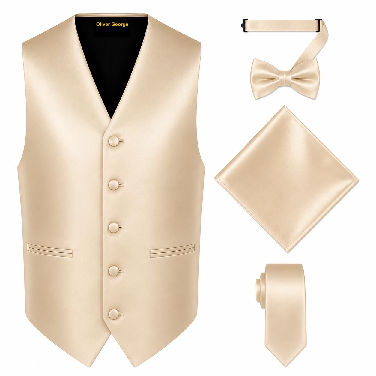 Oliver George 4pc Men's Solid Formal Suit Waistcoat Tuxedo Dress Vest Necktie Bowtie Handkerchief Set for Suit or Tuxedo