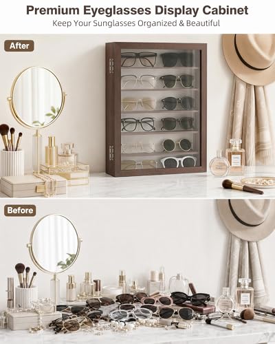 Image of TJ.MOREE Sunglasses Organizer Storage Wall Mounted Eyeglasses Display Case | 13 x 15.6 inches Glasses Holder 6 Tier, Wood