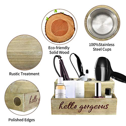 Rustic Wood Hair Dryer Holder, Hair Styling Tool Organizer, Bathroom Vanity Storage Organizer, Bath Supplies Accessories Storage Tray for Blow Dryer Flat Iron Curling Wand Brushes (Rustic Grey) - Thumbnail 4