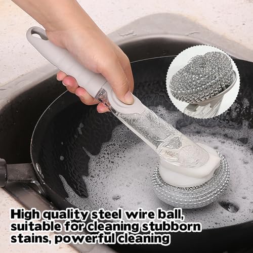 Image of Soap Dispensing Dish Brush, Soap Control Dishwand with 2 Sponge Heads 2 Replaceable Heads 2 Wire Ball Heads Handle Non-Scratch Brush Scrubber for Kitchen Dishes Pots Pans Sink Cleaning