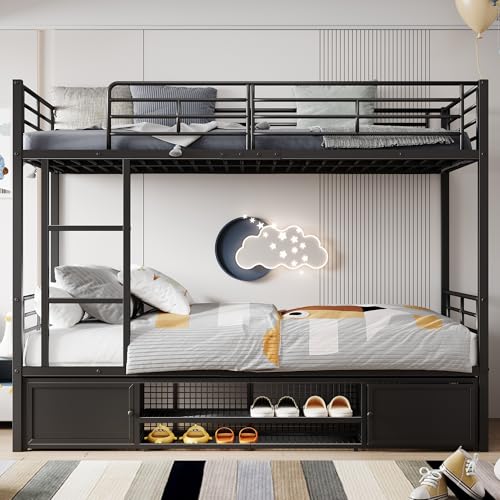 Jaxenor Etagenbett 90x200 mit Schuhschrank & Sicherheitsgitter, Etagenbett für 2 Personen (Schwarz, 90x200cm) | EN747-Zertifiziert | Eisenrahmen, Integrierter Stauraum, Eisen