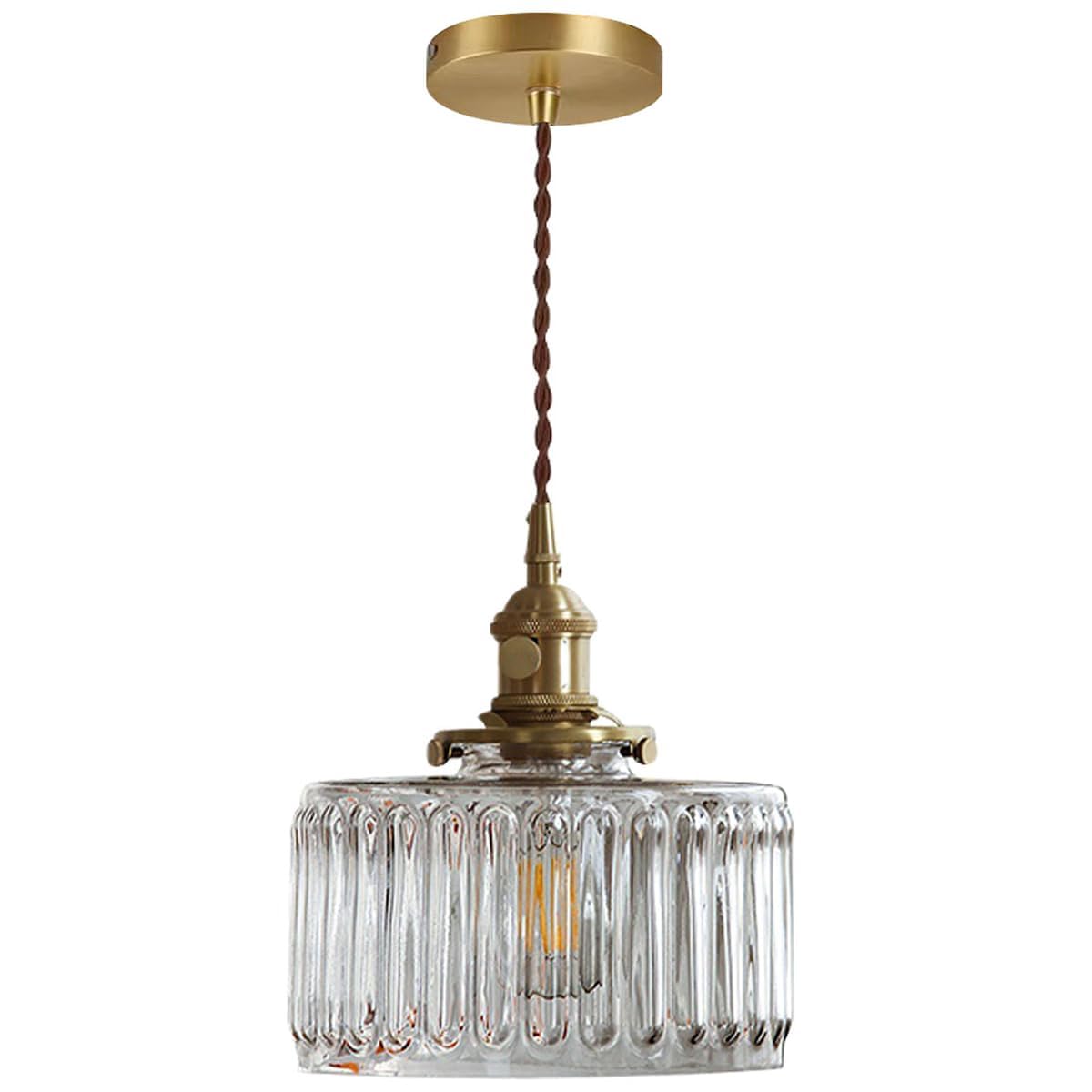 Photo 1 of Qufute Glass Hanging Lights One-Light Vintage Pendant Light Fixtures Clear Striped Glass Shade Mid Century Modern Pendant Light Gold Brass Light Fixture Adjustable Cord for Dining Room Hallway