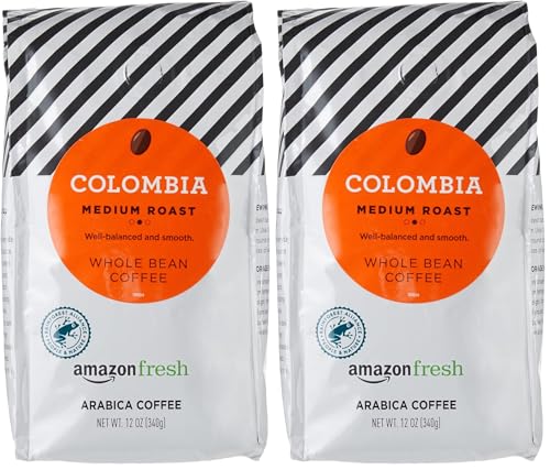Image of Amazon Fresh Colombia Whole Bean Coffee, Medium Roast, 12 Ounce (Pack of 2)