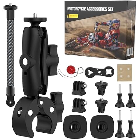 Bike Motorcycle Camera Mount Bundle Kit for Insta 360 ONE X4, X3, X2, Include 360° Ballhead Handlebar Clamp Extension Rod and Helmet Flexible Adhesive Mount for GoPro 12 11 10 9 8 7 6 5 DJI OSMO Cover