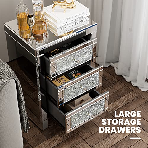 Ikifly Mirrored End Table Set Of 2, Mirror Crystal Accent Side Table W/3 Drawers, Finished Nightstand For Living Room/Bedroom (2Pc, Silver&Crystal) #TOP4