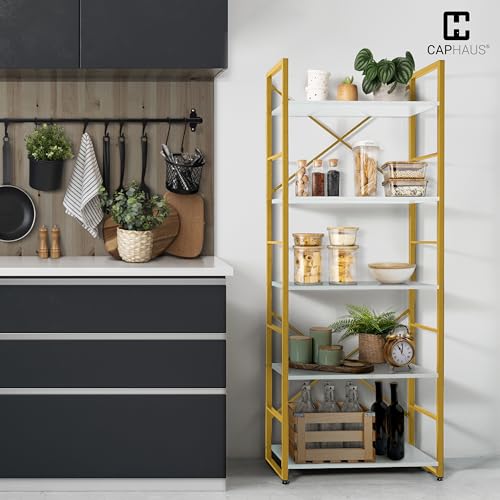 Image of CAPHAUS 5 Tier Bookshelf, 24 Inch Width Free Standing Shelf, Bookcase Shelf Storage Organizer, Industrial Book Shelves for Home Office, Living Room, Kitchen, White Wooden Shelves & Gold Frame