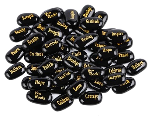 ROCKIMPACT 50PCS Glass Engraved Rocks Different Words Inspirational Stones Bulk Faith Stones Gratitude Rocks Healing Prayer Religious Charms Encouragement Rocks, 1