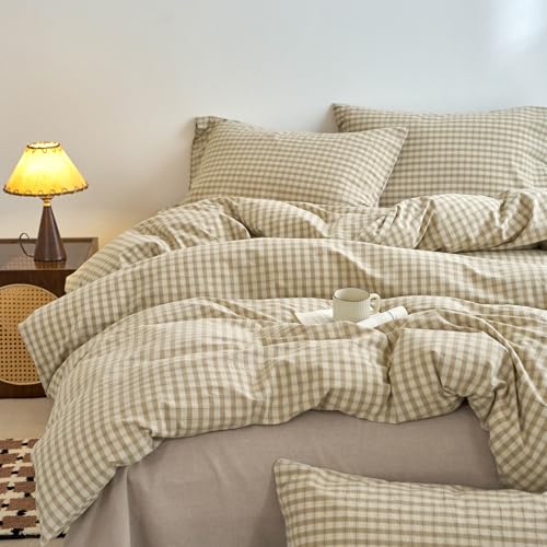 Image of VM VOUGEMARKET Khaki Gingham Duvet Cover Queen 3 Pieces Neutral Beige & Mocha Plaid Duvet Cover 100% Washed Cotton Comforter Cover with 2 Pillowcases Farmhouse Checkered Bedding Set