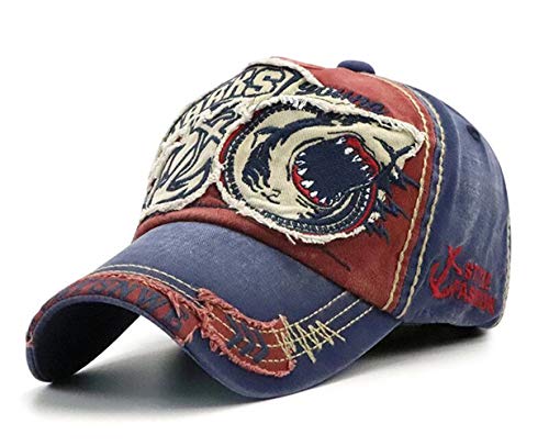 CHENNUO Men's Vintage Distressed Cap Washed Denim Cotton Cap Snapback Golf Trucker Hat (Red)