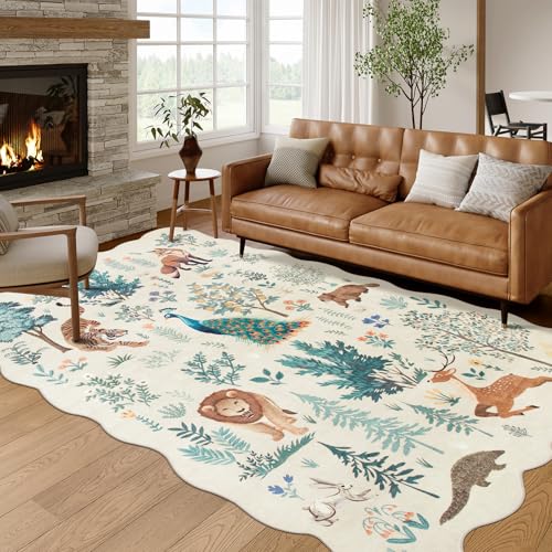 Image of Lahome Jungle Area Rugs 5x7, Kids Rug for Bedroom Girls Machine Carpet for Living Room Ultra-Thin Non Slip, Animal Print Beige Cute Carpet for Kids Nursery Neutral Playroom Office (Beige, 5'x7')
