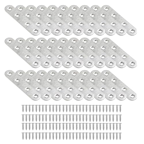 GGesii 30 Pezzi Staffa Piatta Forata, Riparazione Piastra Staffa Dritta, Con 120 Viti Piastre Giunzione Piatta per Riparazione, per Riparazioni, Collegamenti, Fissaggi di Mobili (Argento)