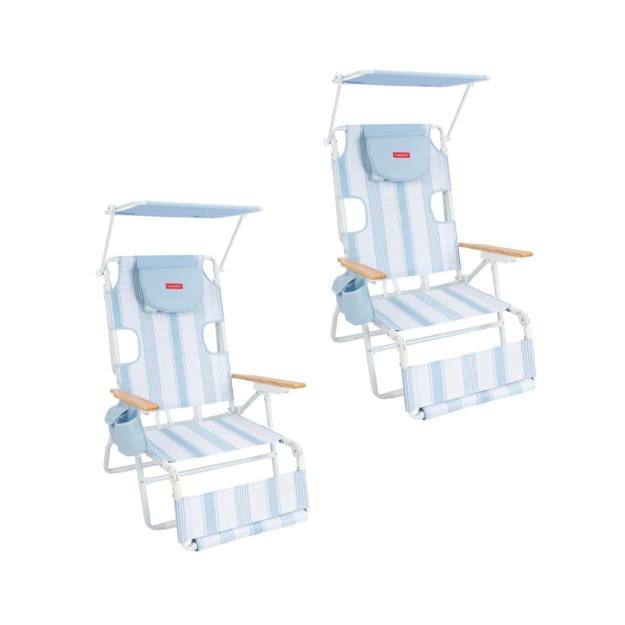 Flamingueo Lot de 2 Chaises de Plage - Trou pour Tête et Bras - 5 Positions - Parasol Réglable UPF 50+ - Poignées Sac à Dos - Repose-Pieds et Accoudoirs - Poche Isotherme - Aluminium et Polyester