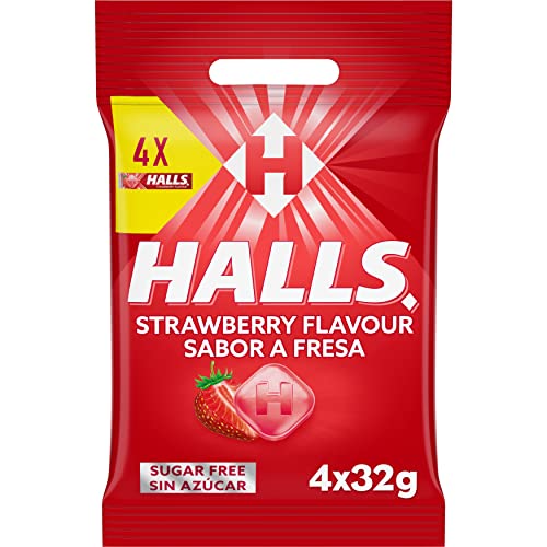 Halls Caramelos Sabor Fresa, Sin Azúcar, Paquete de 4 x 32 g
