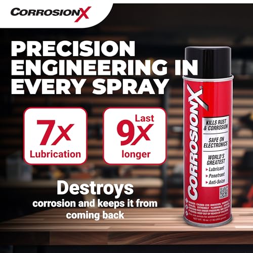 CorrosionX Rust Inhibitor, Industrial-Strength Dielectric Corrosion Prevention, Lubricant & Penetrant for Marine, Automotive, Electronics & RV Use, Protects Bolts, Cables, Engines, Parts, 16oz Aerosol