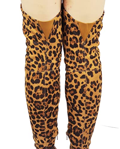Wild Diva Women Stretchy Suede Chunky Heel Thigh High Over The Knee Boots Stretchy Leopard Size- 11 #TOP7