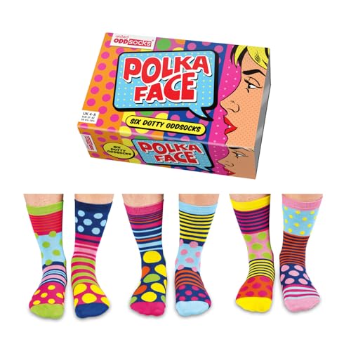 United Oddsocks Polka Face Geschenkbox, 6 bunte Odd Socks für Damen im Pop-Art Look mit Punkten & Streifen, Mix & Match bis 15 Kombinationen, Geschenkidee für Geburtstag & Weihnachten, EU 37–42