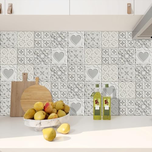 Vinilos Resistentes Al Calor 20x20cm Corazón Gris Blanca Baldosas Adhesivas Pared para Decoración | Material Vinilo Duradero, Impermeable y Fácil de Limpiar | Ideal para Cocina,Sala de Estar